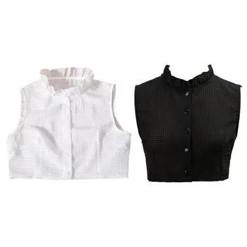 

Pastoral Vintage Fake Collar Pleated Ruffles Stand Up Plaid Tank Top Half-Shirt 50PF