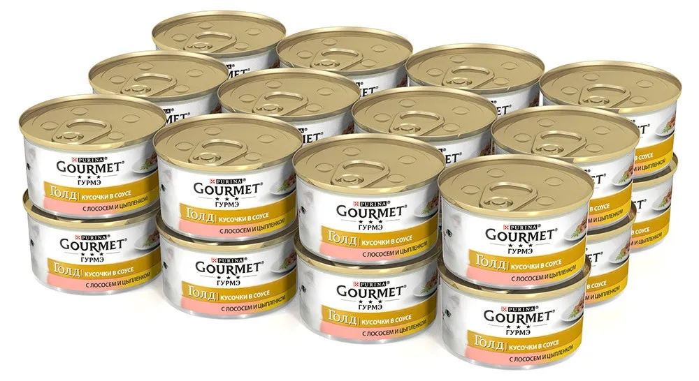 Корм влажный Gourmet Gold Кусочки в соусе для кошек с лососем, Банка, 85 г(24 шт