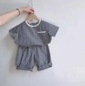 

2020 New Wholesale Baby Girls 2pcs Plaid Set Blouse+Shorts Summer Kids Girls Suits 2-7 Years