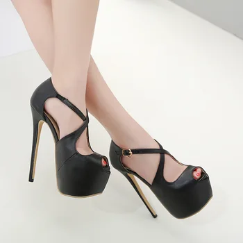 

Sexy Shoes High Heels 16 cm Women Pumps Cross-tied Buckle Platform Heels Lady Pumps Nightclub Open Toe Fish Mouth Stilettos 358