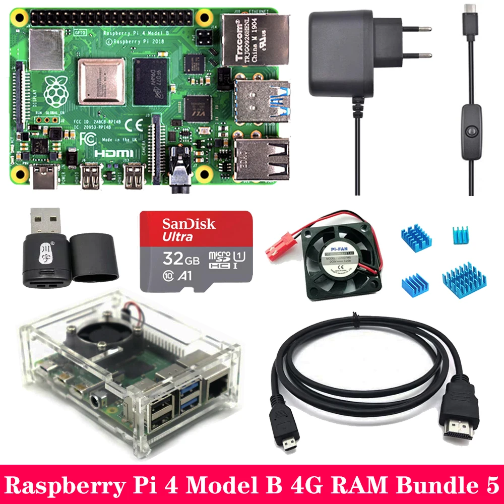 Комплект 5 Raspberry Pi 4, 2 ГБ, 4 Гб ОЗУ, акриловый чехол, адаптер питания, алюминиевый радиатор для Raspberry Pi 4, Модель B, Pi4, 4B - Комплект: Комплект 5