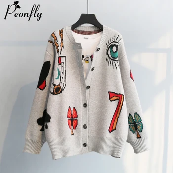 

PEONFLY Cartoon Printed Harajuku Women Cardigan New 2020 Spring Sweater Coat Female Long Sleeve Knitted Tops Pull Femme Sueter