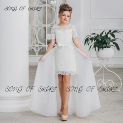Elegant Detachable Trailing Wedding Flower Girl Dresses O-neck Knee-length Simple Illusion Backless Children's Birthday Skirt