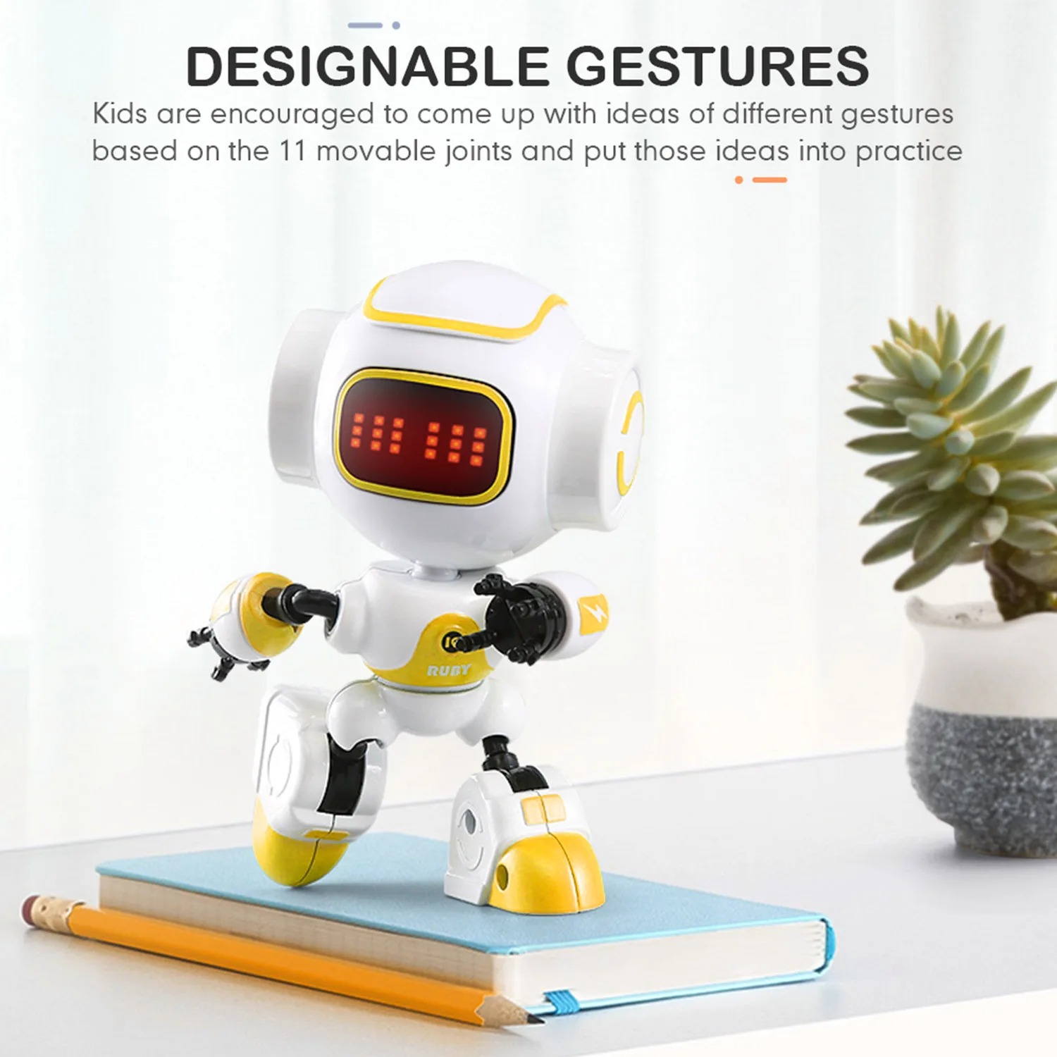 R9 Mini Cute Robot Touch Sensing Model Toy with LED Eyes Smart Voice DIY Gesture Alloy Body for Kids Children Gifts