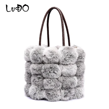 

LUCDO 2019 New Luxury Famous Design Real Fur Women Handbag Wool Shoulder Bags Fashion Soft Rabbit Hair Fur String Bucket Tote