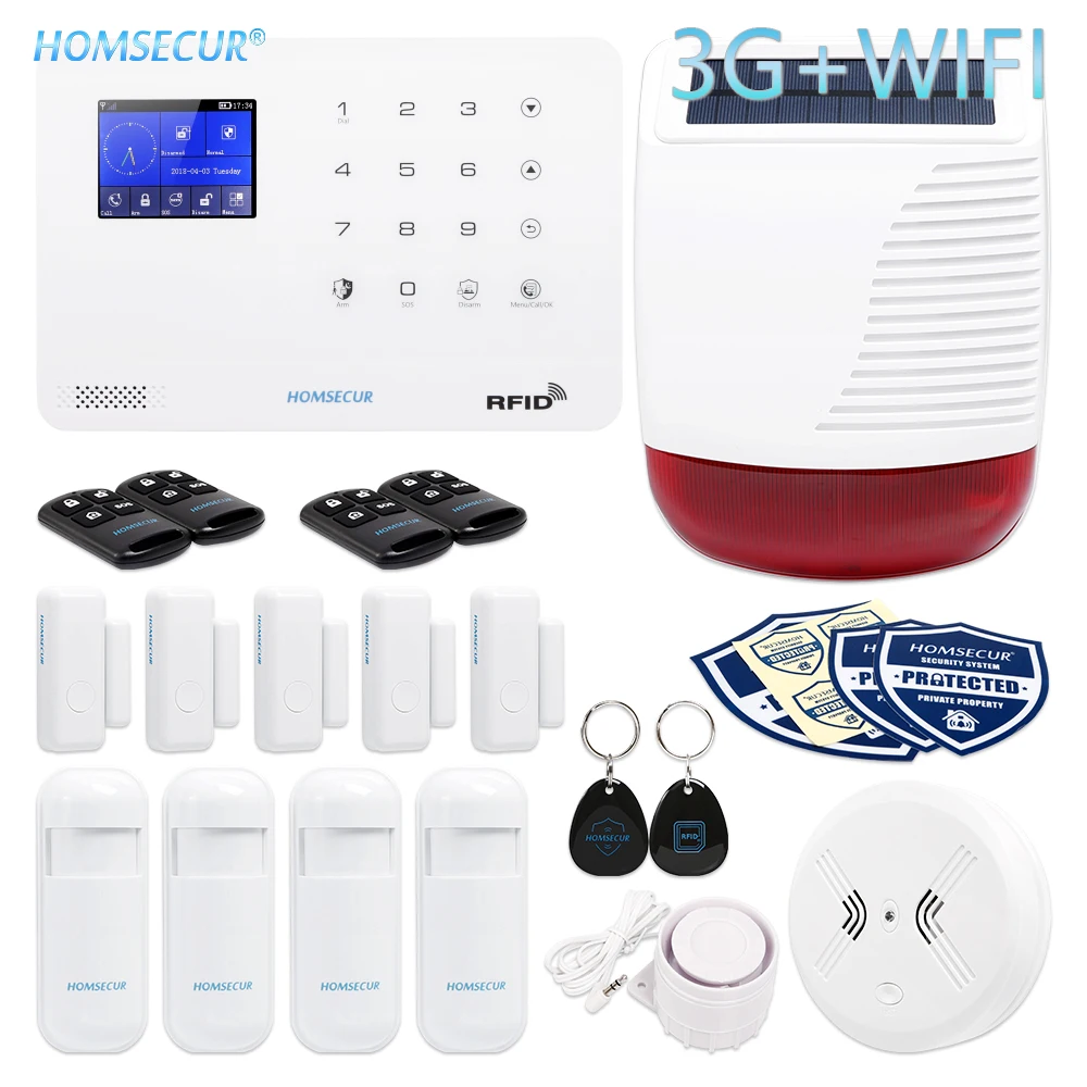 HOMSECUR Wireless 3G/GSM WIFI Home Security Alarm System LA02-3G+Solar Powered Outdoor Strobe Siren PIR Smoke Sensor Door Sensor