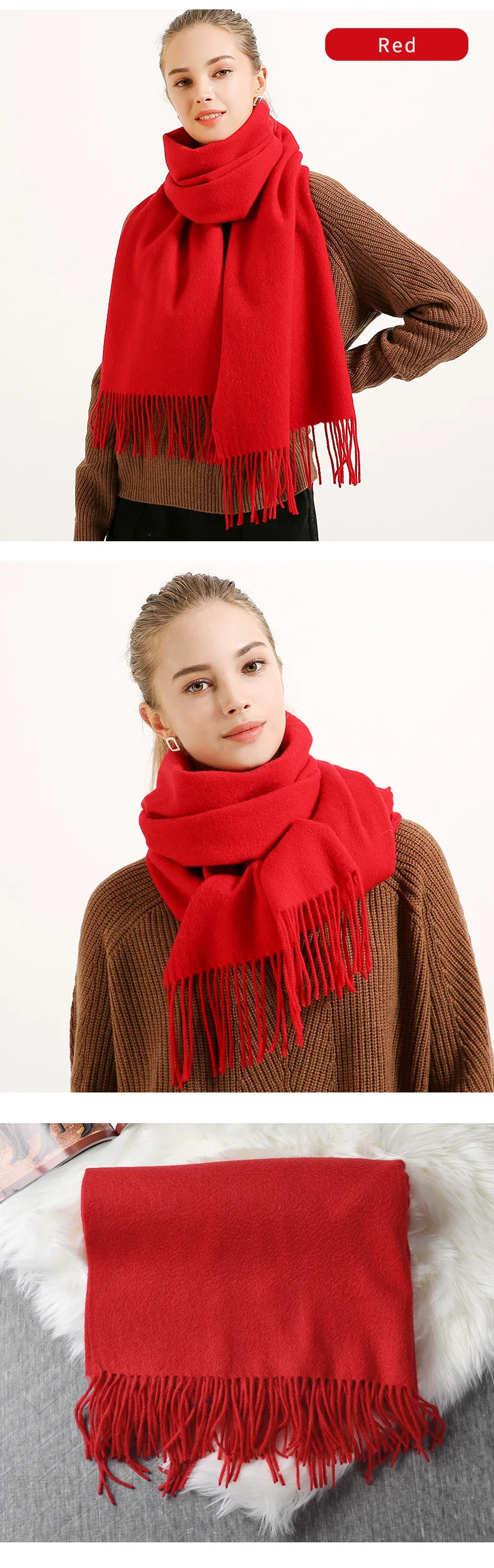 Зимний шарф из чистой шерсти, Женский однотонный красный шарф, Женский платок с кисточками, теплые шарфы из мериносовой шерсти, кашемировые шарфы