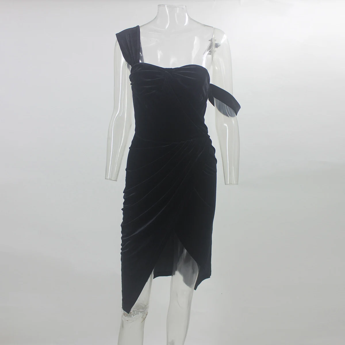 Ohvera, сексуальное бархатное платье на одно плечо, женское платье без бретелек, Осень-зима, облегающее платье, вечерние платья средней длины для ночного клуба, Vestidos - Цвет: Черный