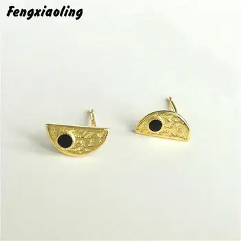 

Fengxiaoling New Original 100% 925 Sterling Silver Black Drop Glaze Geometric Semicircle Stud Earrings For Wonen Fine Jewelry