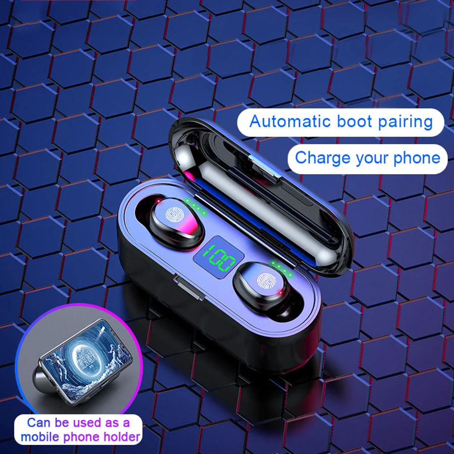 

Wireless Earphone Bluetooth V5.0 F9 TWS Wireless Bluetooth Headphone LED Display With 2000mAh Power Bank Headset With Microphone