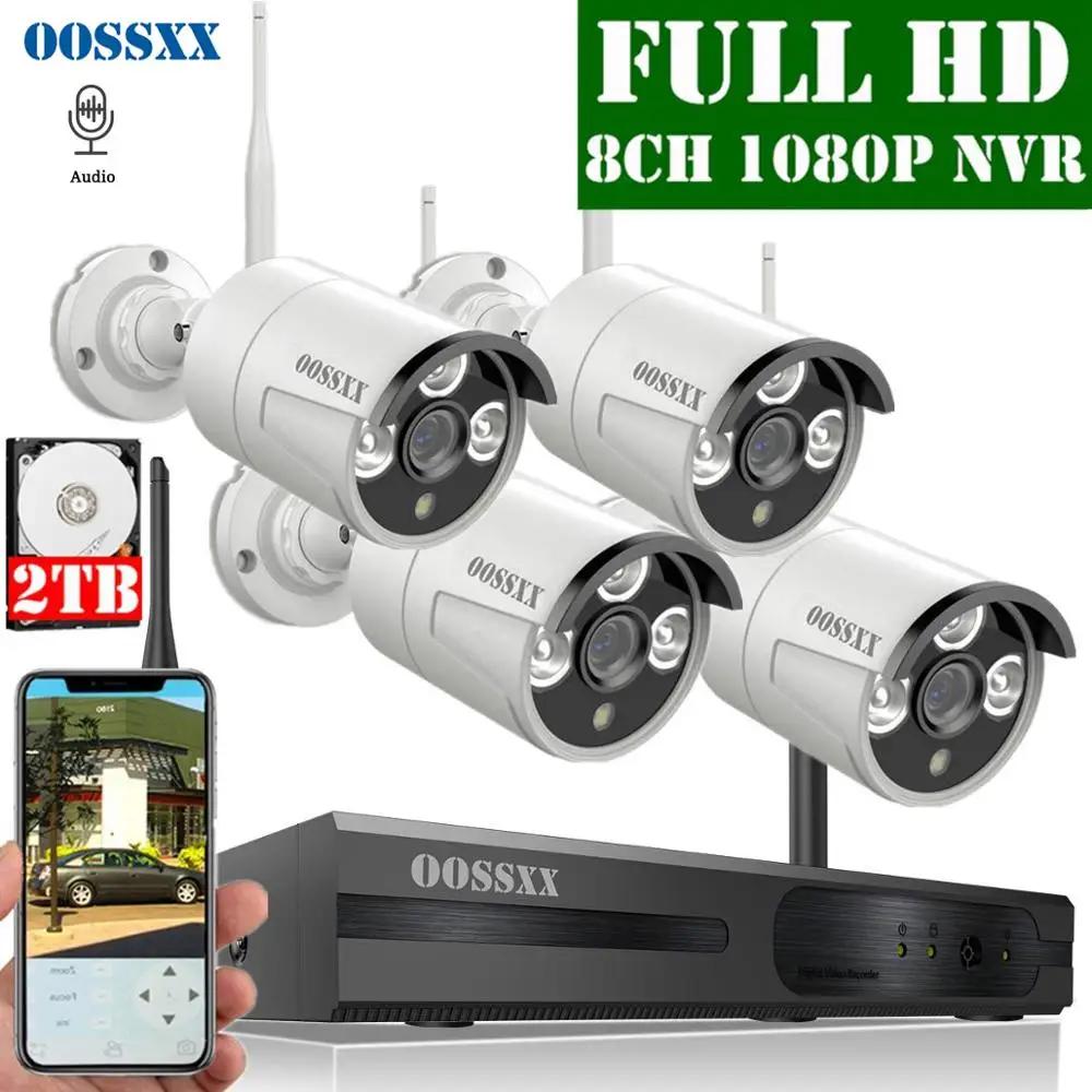 

Security Camera System Wireless, 8CH 1080P NVR Kit 4pcs 1080P(2.0M ) Outdoor Audio CCTV Wireless IP66 Camera Surveillance OOSSXX