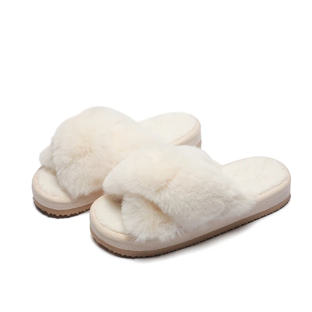 Warm Fluffy Slippers Women Cozy Faux Fur Cross Indoor Floor Slides Flat Soft Furry Shoes Ladies Female Celebrities Flip Flops 477-Beige