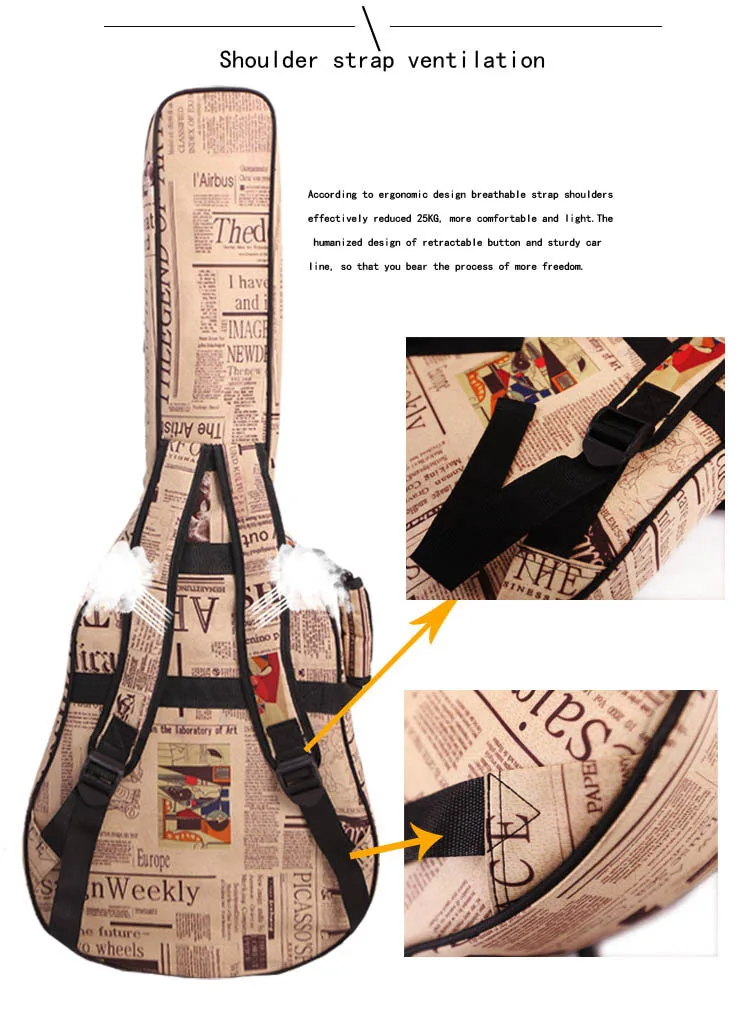 41/40 inch Acoustic Guitar Bag 600D Water-resistant Oxford Cloth Newspaper Style Double Padded Straps Gig Bag Guitar Case