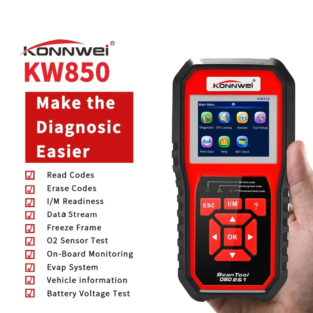 Автомобильный автоматический диагностический считыватель кода KONNWEI KW850 OBD автоматический сканер инструмент Многоязычный светодиодный индикатор тестер напряжения в реальном времени