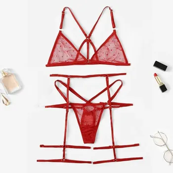 

Sexy Lace Underwear Bra Thong Sets Ladies Lingerie Women 3 Piece Bra + G-string + Garter Underwear Sets Mesh Hollow Porno Pijama