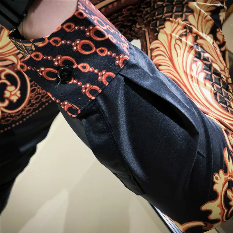 Черная, Золотая рубашка барокко для мужчин, приталенная рубашка, Camisas Para Hombre, с узором пейсли, мужская рубашка, мужская рубашка с длинным рукавом