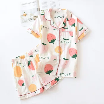 

Cotton Thin Pajamas Ladies Summer Short-sleeved Shorts Home Costumes Nightwear Printed Fresh Loose Suit Ropa De Dormir Mujer