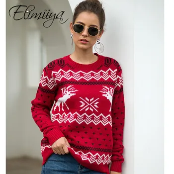 

Elimiiya Women Jumper Jacquard deer Sweater Pullover Tops Coat Christmas Winter Female Girl Warm christmas clothes