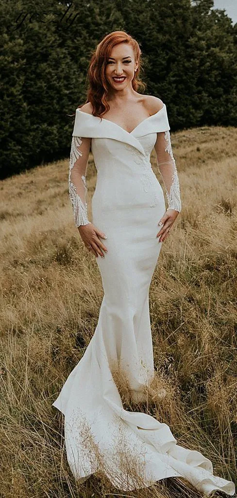 Vestido Noiva, модное свадебное платье с открытыми плечами, Русалка,, длинный рукав, аппликация, мягкий атлас, свадебное платье с пуговицами, W183