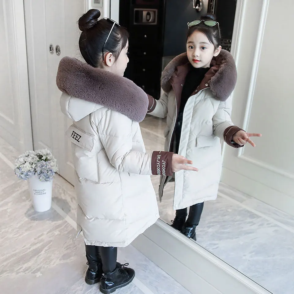 

Winter Jackets For Girls 2019 Sweet Down Cotton Thicken Warm Children Coats Solid Girl's Large Fur Collar Parka Coat