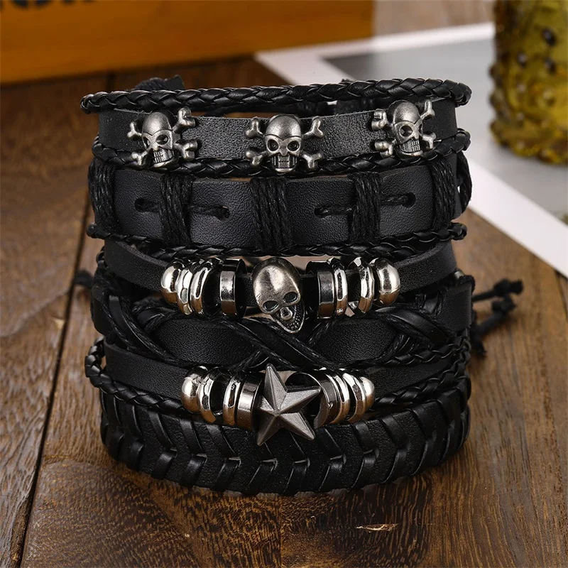 Fashion 6Pcs Set Gothic Punk Skull Star Metal Multilayer Leather Bracelet Men Bracelets & Bangles - Image 4