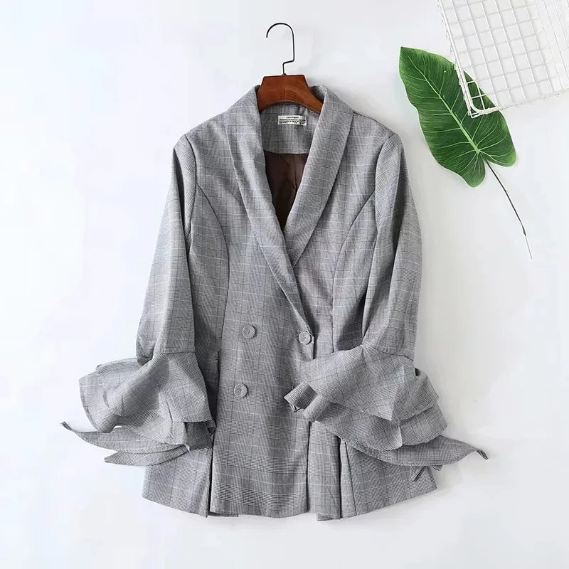 

2019 Autumn New Style Europe And America Double Breasted Commuting Bell Sleeve Plaid Suit Jacket Women's
