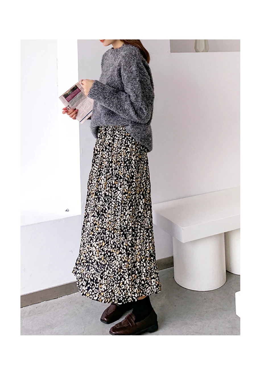 Elegant All-match Floral Print Midi Skirt Women Chiffon Skirt Autumn Winter Women Sexy Elastic High Waist Long Skirt Female
