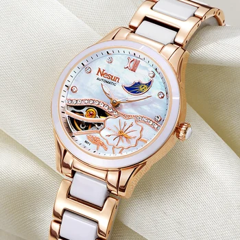 

NESUN Fashion Women Automatic Mechanical Wrist Watch Top Luxury Brand Moon Phase Clock Waterproof Ladies Casual Ceramic Watch