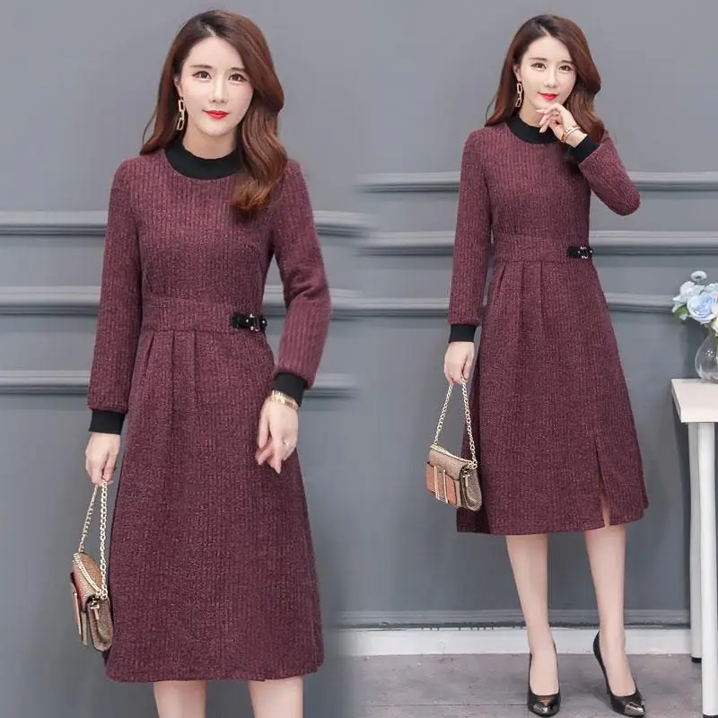 Женское трикотажное платье с длинным рукавом в винтажном стиле|Платья| |