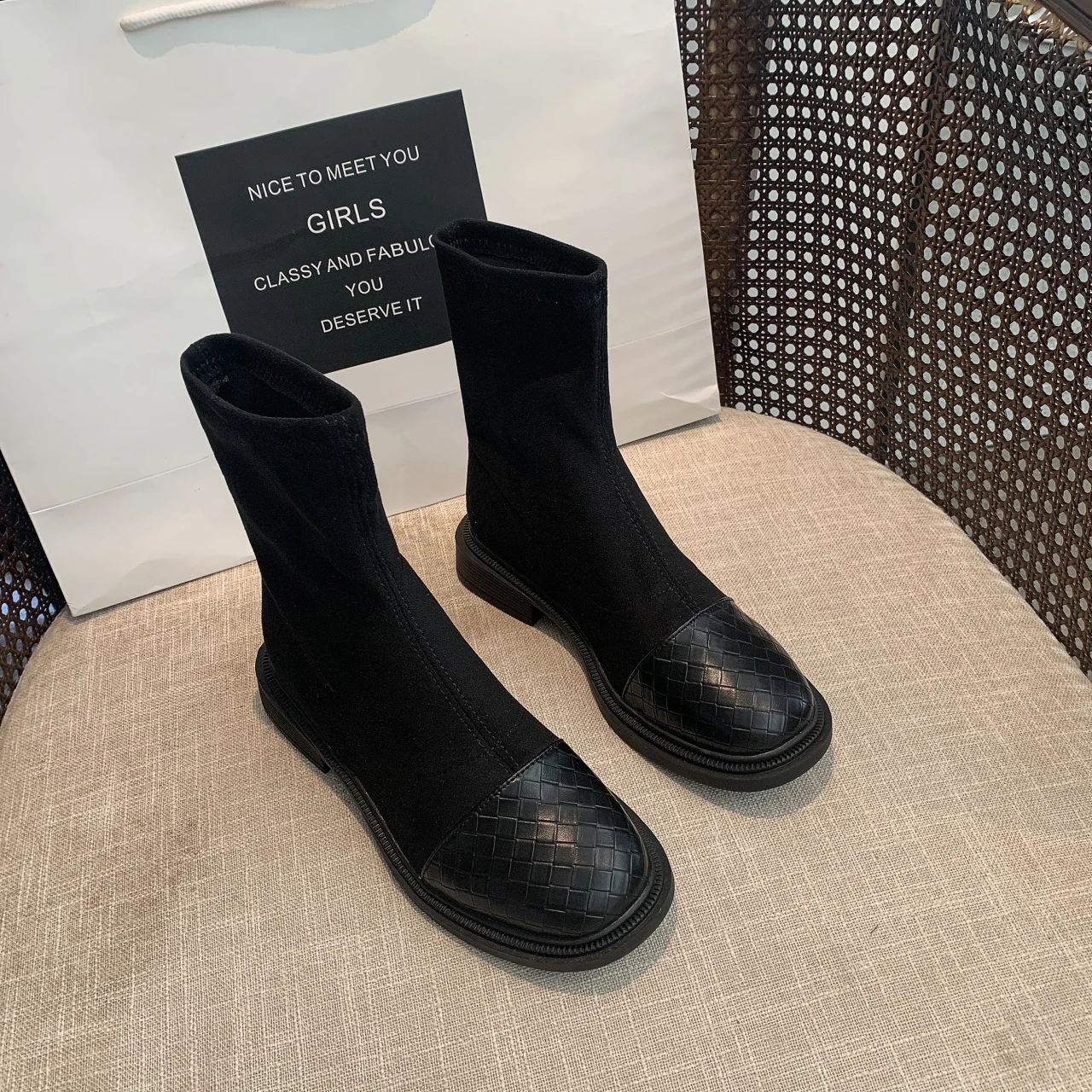 2021 Nieuwe Collectie Hoge Kwaliteit Stretch Laarzen Vrouwen Mid Calf  Laarzen Vierkante Hak Lederen Enkellaars|Enkellaars| - AliExpress