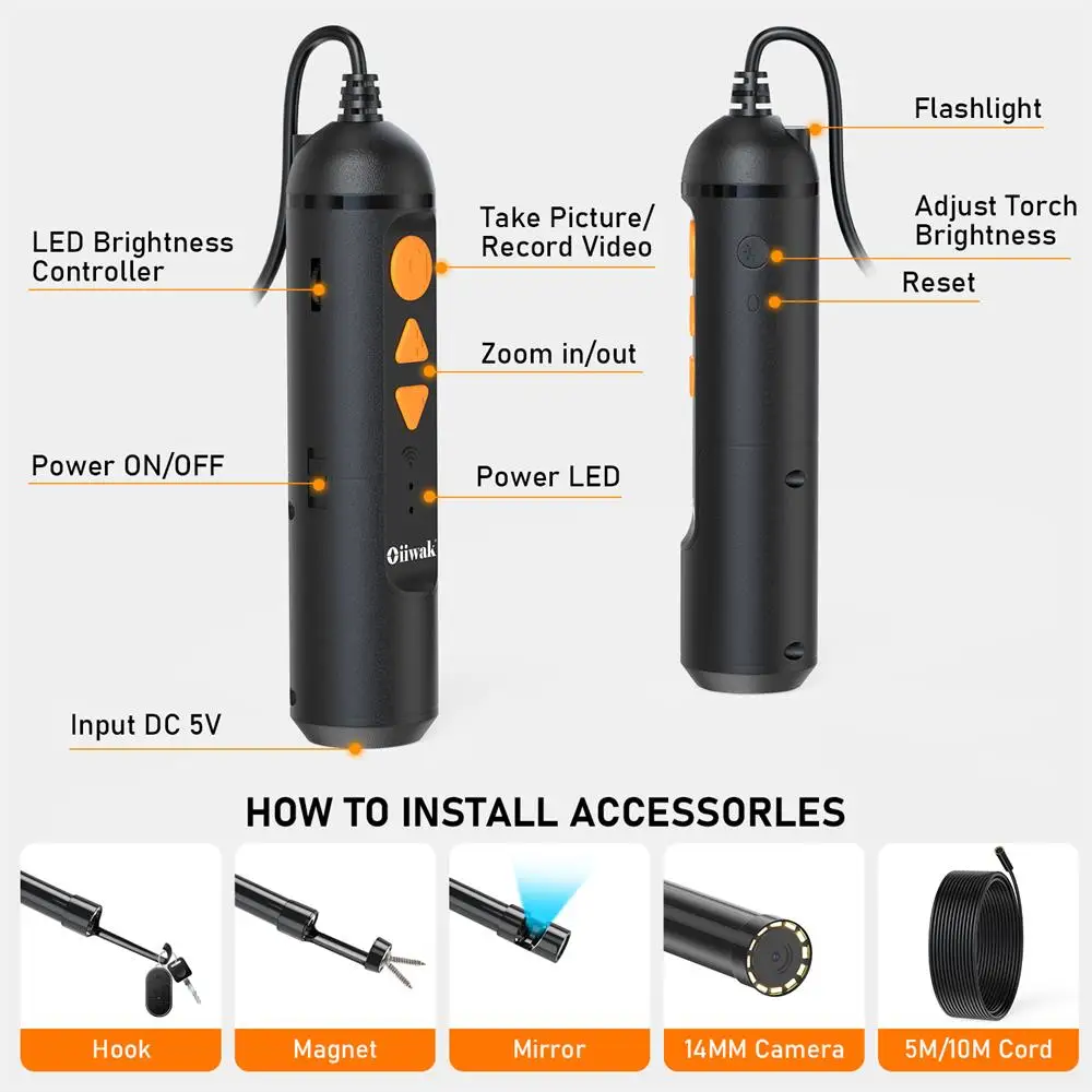 Oiiwak 12MP Car Endoscope  Autofocus WiFi Endoscope Mini Camera 5X Zoom Camera Endoscope for Android IOS Underwater Camera