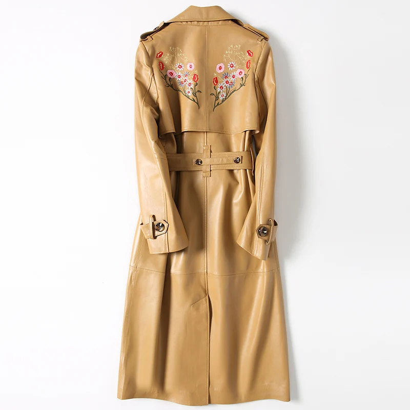 Женское длинное пальто из натуральной овечьей кожи двубортный Тренч с вышивкой и