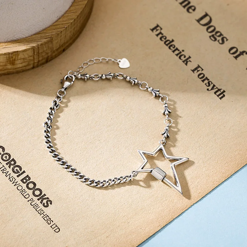 

Drop Free 925 Silver Promotion Retro Splice Hollow Big Star Bracelet Flat Flower Link Chain Bracelet Men Party Jewelry