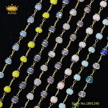 

5meters Crystal Glass Beaded Chain,Faceted Rondelle Glass Gold Chains Findings,3x4mm Bezel Glass Chain for Chokers Jewelry HX224