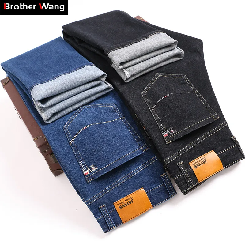 Классический стиль мужские деловые стрейч джинсы модные толстые джинсовые брюки мужские синие Черные Брендовые брюки плюс размер 38 40 42