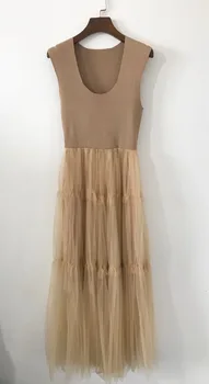 

Knitted Patchwork Women Dress Sleeveless Pleated Ladies Casual Mesh Midi Dresses Female Clothes