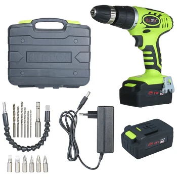 

21V Rechargeable Electric Screwdriver Household Cordless Electric Drill Power Tools with Drill Bits 2Pcs Batteries +Storage Case
