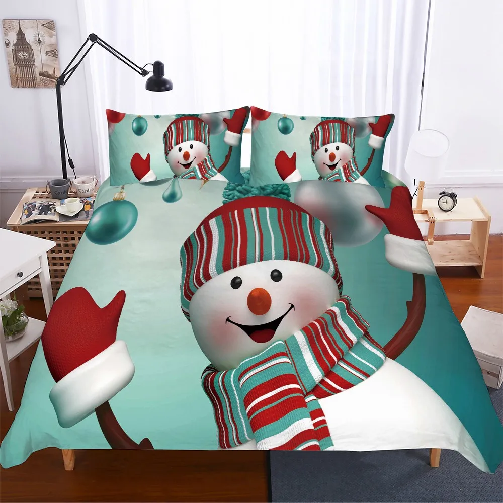 

Smile Snowman Bedding Set Microfiber Skin-friendly Duvet Cover Pillowcase Christmas Green Bed Cover Double King Home Quilt Cover