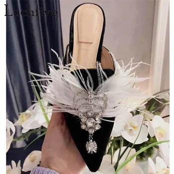 

Feather Crystal Slippers Designer Mules Shoes Ladies Flat Heel Pointed Toe Bridal Shoes Summer Vacation Beach Shoes Women
