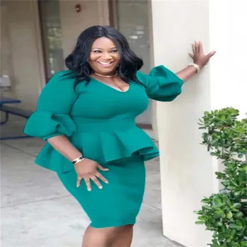 

Plus Size 5XL Autumn Ruffles Bodycon Dress Women African Clothes Elegant Green Lanter Sleeve Knee Length Mini Dress Bust 128cm