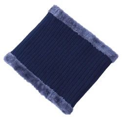 Cozy Fur-Lined Winter Beanie Cap with Brim - Unisex Knitted Hat - 54cm-62cm (Scarf Navy Blue)