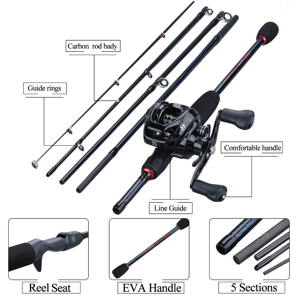 Sougayilang 1.8m-2.4m Casting Fishing Rod Combo Portable 5 Section Fishing  Rod and 12+1BB 7.2:1 Gear Ratio Baitcasting Reel