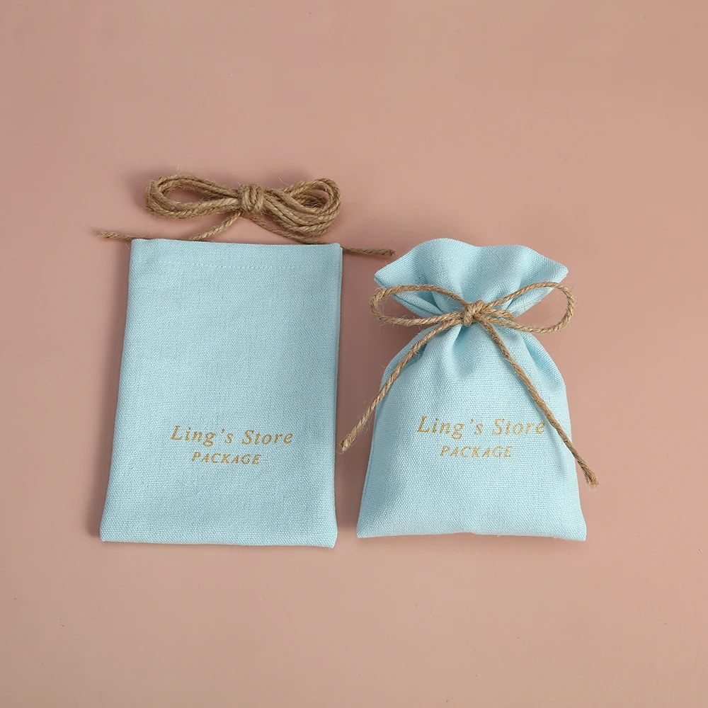 100pcs Blue Cotton Burlap Bucket Jewelry Bag Small Pouch for Wedding Party Gift Candy Bag Custom Logo Jewelry Organizer Packing