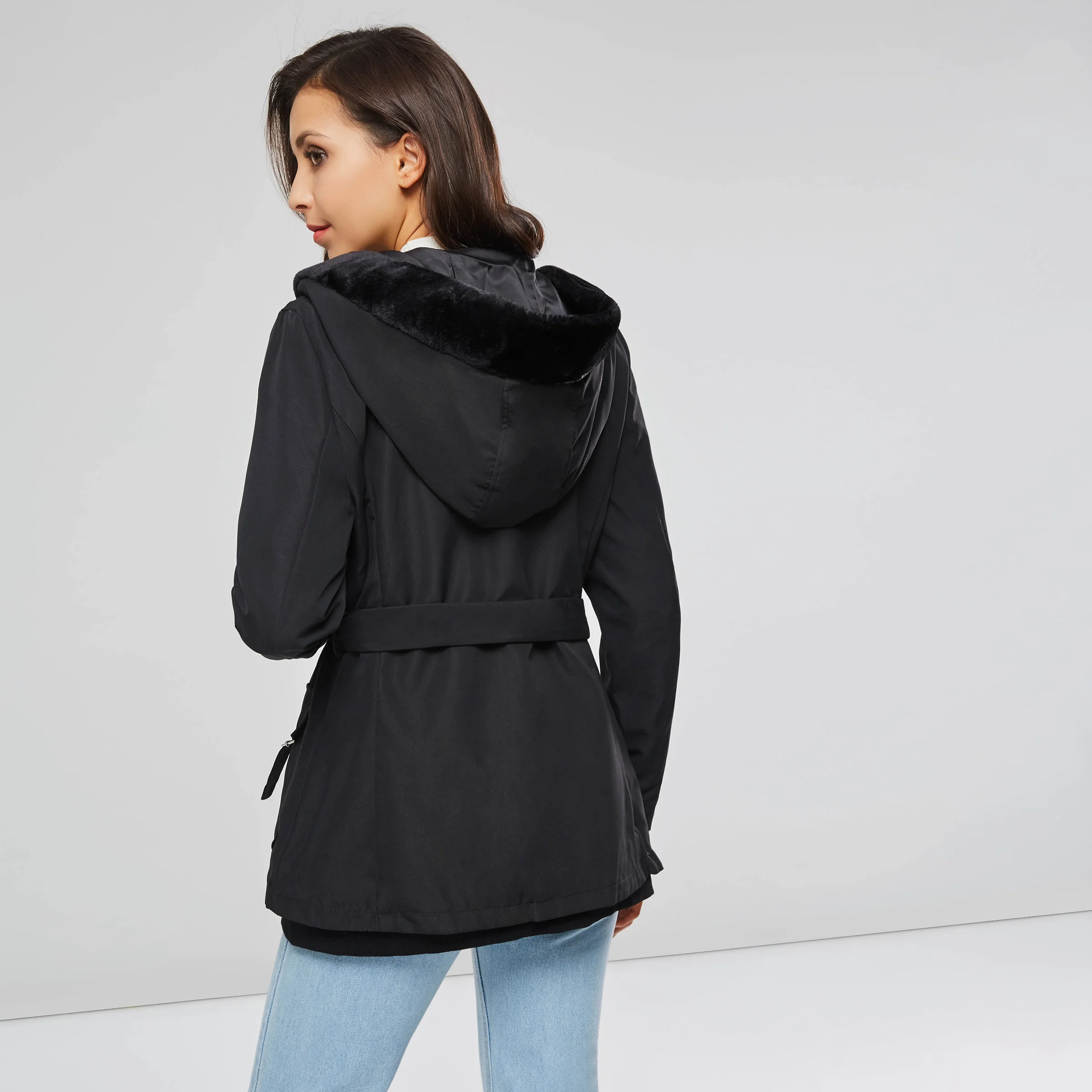 Finest  2019 Cotton Women Jackets Goth Winter Warm OL Slim Coat Thin Hooded Zipper With Belt Coats Black Go