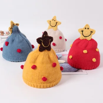 

Baby hats Cartoon smile five-pointed star children's knit hat autumn and winter new 3-6 month baby Korean red spotted wool cap