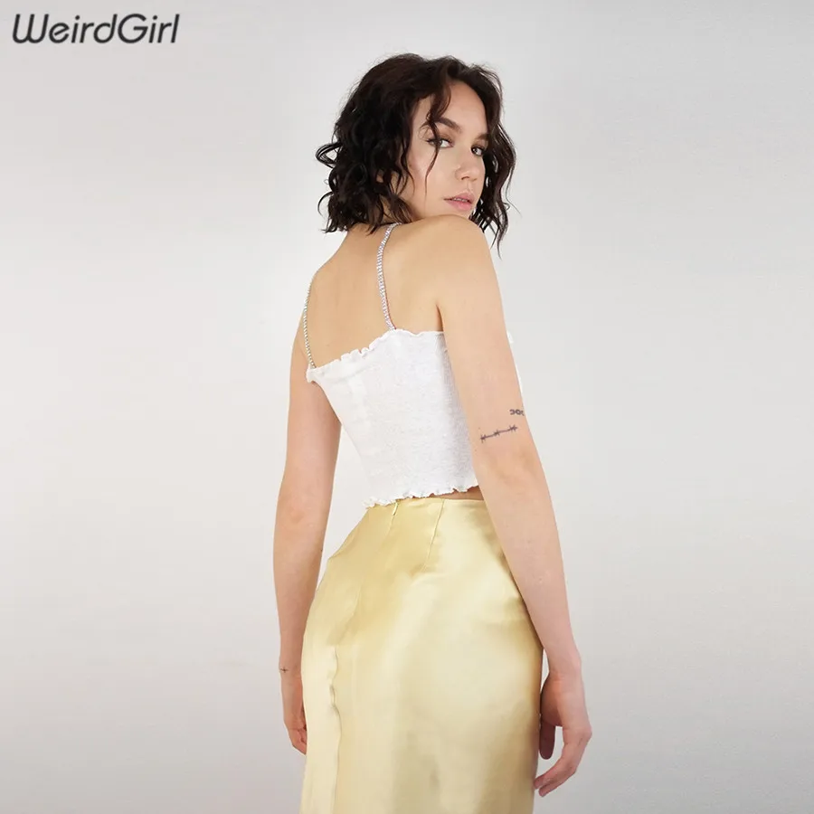 Weirdgirl/Женские однотонные пикантные Клубные вечерние топы, женские топы с металлическими оборками без бретелек, эластичные укороченные топы, женские футболки, Новинка лета
