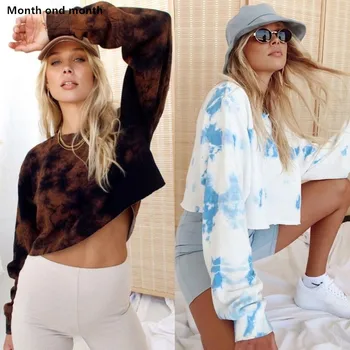 

Short Top Tie Dye Autumn Ins Fashion Sweatshirt Casual Loose Women O Neck Long Sleeve High Street Printed 2020 Hot Pullover Tops