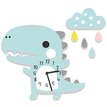 

Cloud Drop Wall Sticker Clock Saat Cartoon Dinosaur Wall Clock Kindergarten Children Room Living Room Stereo Mute Clock Blue