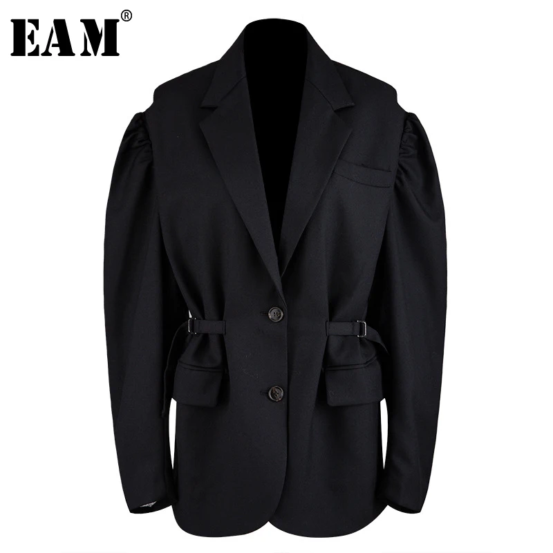 [EAM] Свободная Черная куртка на бретелях контрастного цвета, Новое Женское пальто с отворотом и длинным рукавом, модное осенне-зимнее пальто 1A501