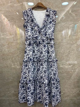 

2020 Spring and Summer New Women's Deep V-neck mu er bian Splicing Neckline Printing without Sleeve Length Dress 422